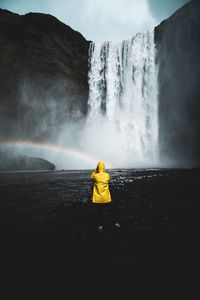 Preview wallpaper man, photographer, rainbow, waterfall, water