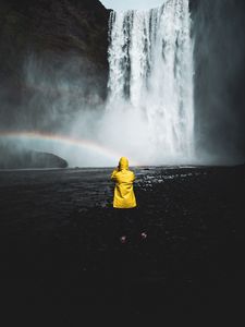 Preview wallpaper man, photographer, rainbow, waterfall, water