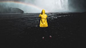 Preview wallpaper man, photographer, rainbow, waterfall, water