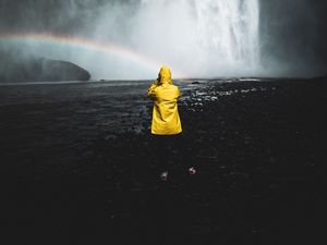 Preview wallpaper man, photographer, rainbow, waterfall, water