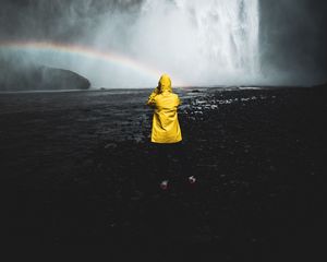 Preview wallpaper man, photographer, rainbow, waterfall, water