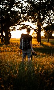 Preview wallpaper man, photographer, trees, rays, sun