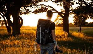 Preview wallpaper man, photographer, trees, rays, sun