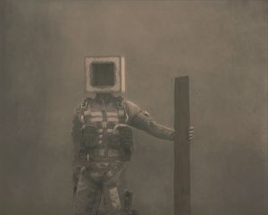 Preview wallpaper man, pose, cube, board, fog, fantasy, art