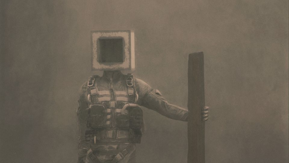 Download wallpaper 960x544 man, pose, cube, board, fog, fantasy, art