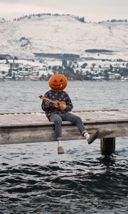 Preview wallpaper man, pumpkin, ukulele, halloween, funny