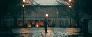 Preview wallpaper man, rain, loneliness, sad, walk, street, city