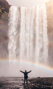 Preview wallpaper man, rainbow, waterfall, freedom