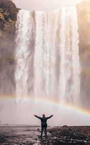 Preview wallpaper man, rainbow, waterfall, freedom