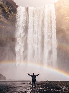 Preview wallpaper man, rainbow, waterfall, freedom