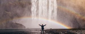 Preview wallpaper man, rainbow, waterfall, freedom