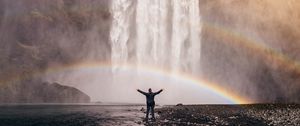 Preview wallpaper man, rainbow, waterfall, freedom