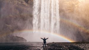 Preview wallpaper man, rainbow, waterfall, freedom