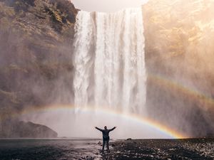 Preview wallpaper man, rainbow, waterfall, freedom