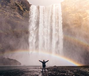 Preview wallpaper man, rainbow, waterfall, freedom