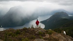 Preview wallpaper man, river, mountains, valley, overview
