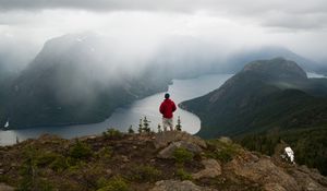 Preview wallpaper man, river, mountains, valley, overview