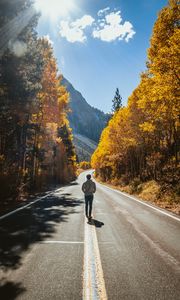 Preview wallpaper man, road, autumn, walk, loneliness, sunlight