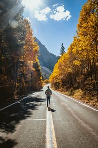 Preview wallpaper man, road, autumn, walk, loneliness, sunlight