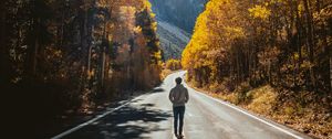 Preview wallpaper man, road, autumn, walk, loneliness, sunlight