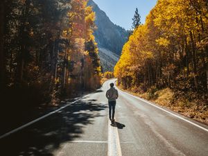 Preview wallpaper man, road, autumn, walk, loneliness, sunlight