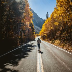 Preview wallpaper man, road, autumn, walk, loneliness, sunlight