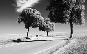 Preview wallpaper man, road, bw, loneliness, trees