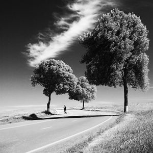 Preview wallpaper man, road, bw, loneliness, trees