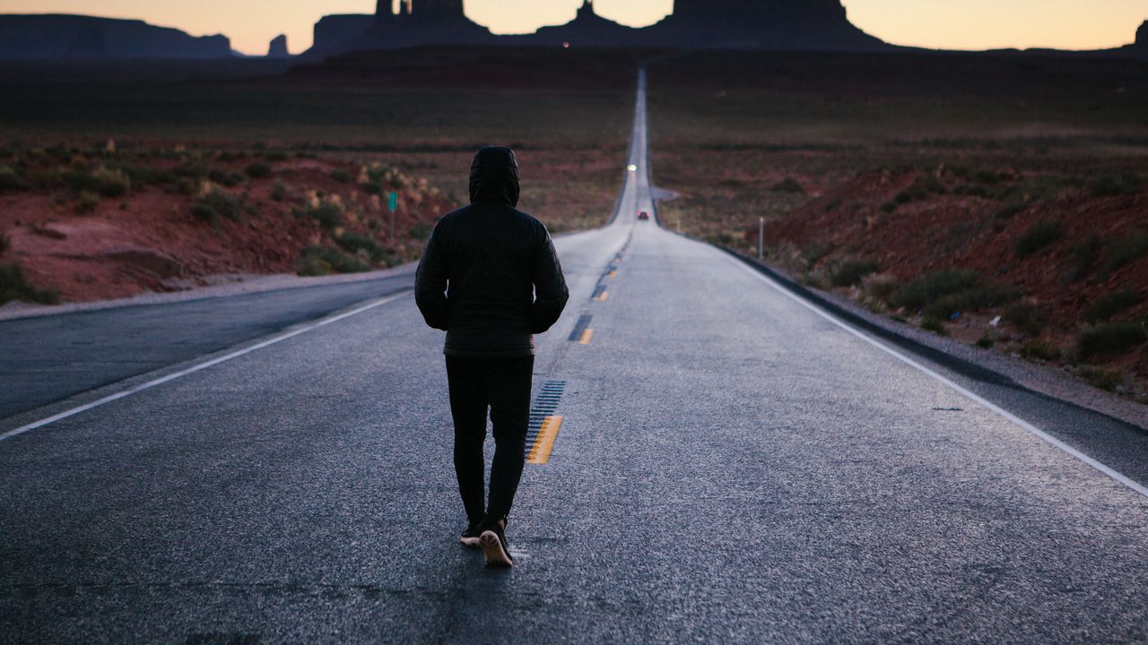 Wallpaper man, road, lonely, hood