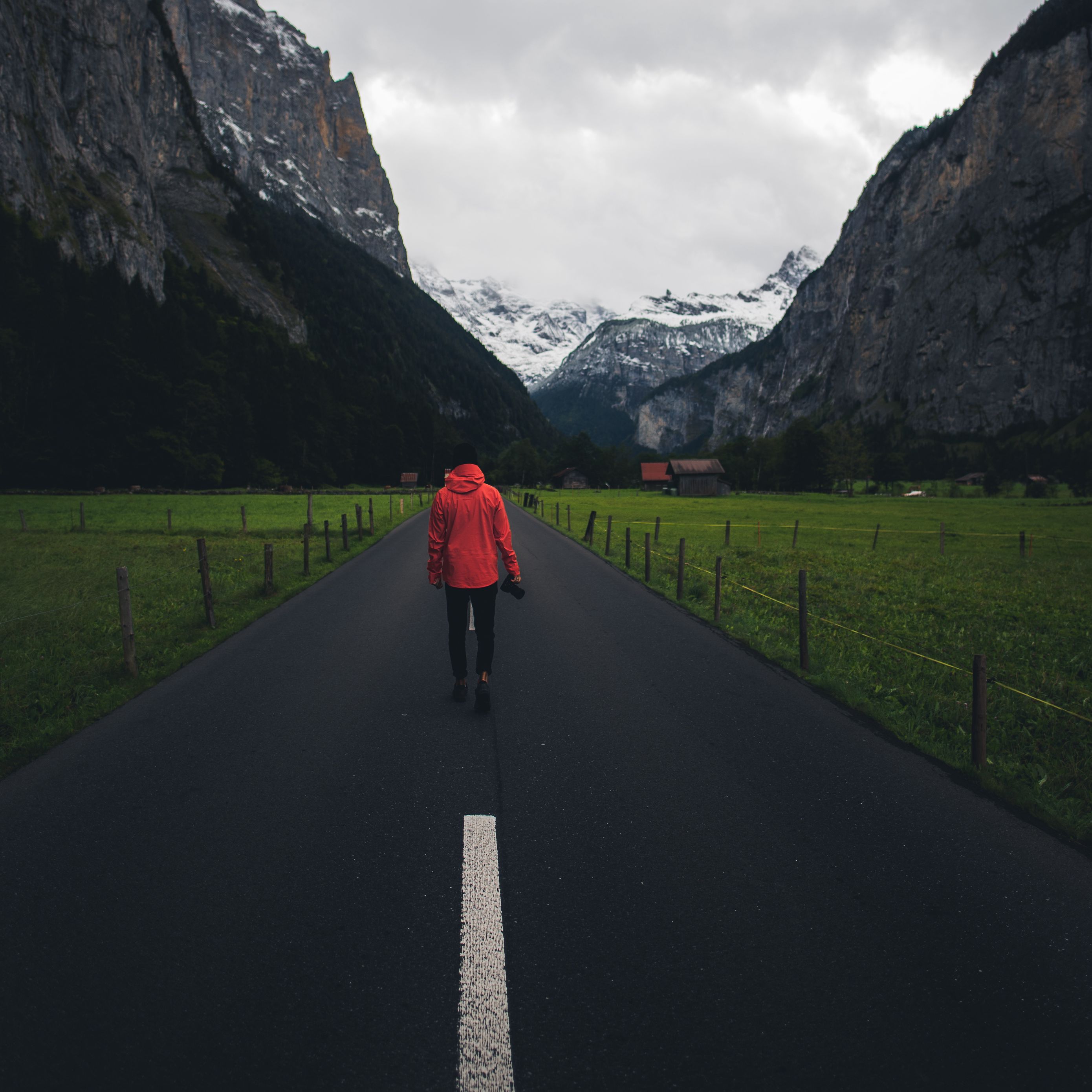 2780x2780 Wallpaper man, road, mountains, clouds