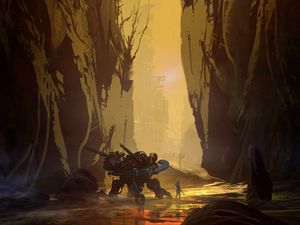 Preview wallpaper man, robot, gorge, sci-fi, fantasy, art