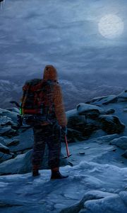 Preview wallpaper man, rock climber, alone, rocks, snow, moon