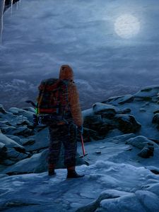 Preview wallpaper man, rock climber, alone, rocks, snow, moon