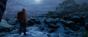 Preview wallpaper man, rock climber, alone, rocks, snow, moon