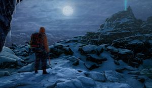 Preview wallpaper man, rock climber, alone, rocks, snow, moon