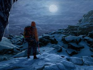 Preview wallpaper man, rock climber, alone, rocks, snow, moon