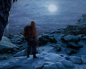 Preview wallpaper man, rock climber, alone, rocks, snow, moon