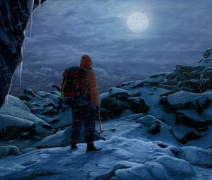 Preview wallpaper man, rock climber, alone, rocks, snow, moon
