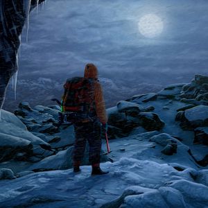 Preview wallpaper man, rock climber, alone, rocks, snow, moon