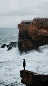 Preview wallpaper man, rock, sea, waves, alone