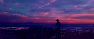Preview wallpaper man, roof, sunset, view, height, sky, loneliness
