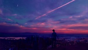 Preview wallpaper man, roof, sunset, view, height, sky, loneliness