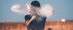 Preview wallpaper man, sand, dust, hands, blur