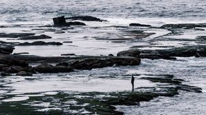 Preview wallpaper man, sea, rocks, waves