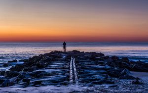 Preview wallpaper man, shore, evening, sea