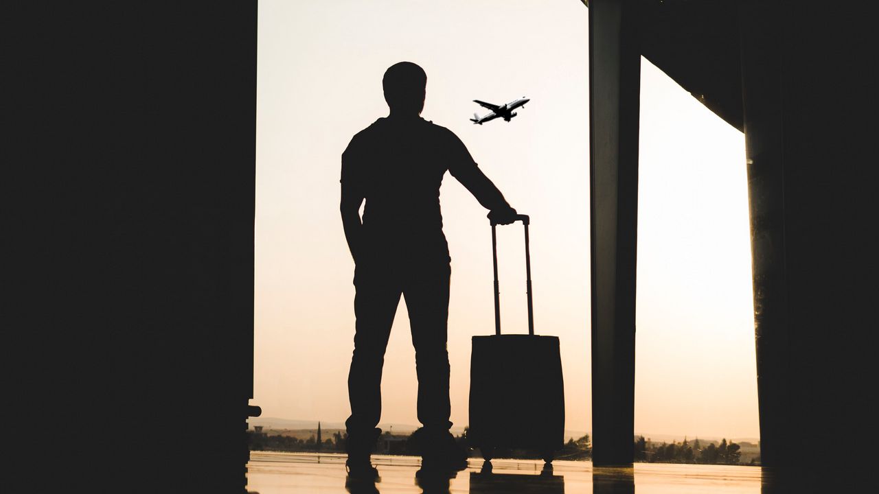 Wallpaper man, silhouette, airport, travel, suitcase