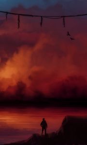 Preview wallpaper man, silhouette, alone, rocks, water, sunset, art