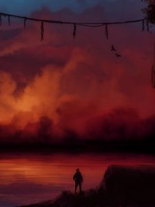 Preview wallpaper man, silhouette, alone, rocks, water, sunset, art