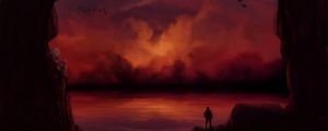 Preview wallpaper man, silhouette, alone, rocks, water, sunset, art