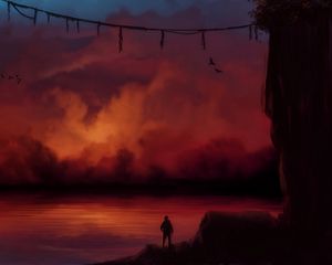 Preview wallpaper man, silhouette, alone, rocks, water, sunset, art
